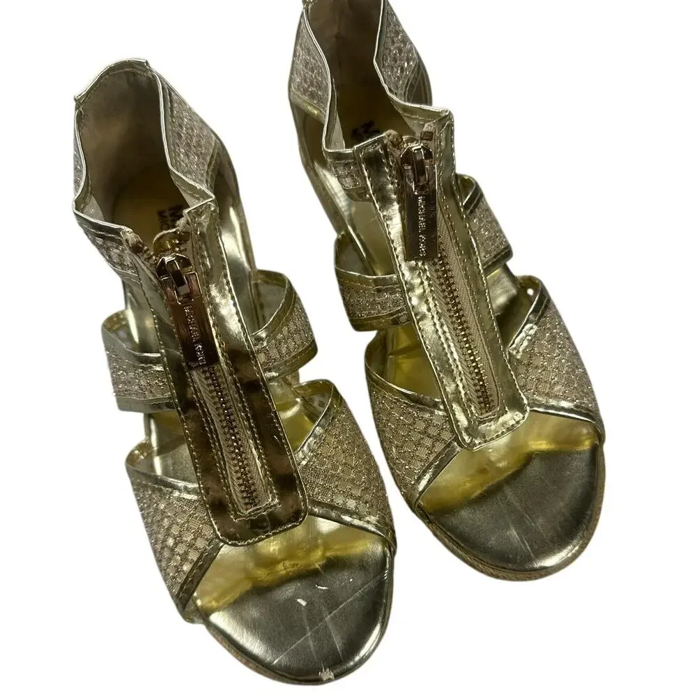 Damita Gold Mesh Zip Espadrille Wedge Sandals Women's Size 4